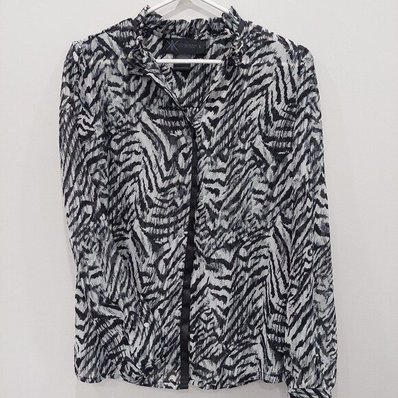 KARDASHIAN KOLLECTION Zebra Print Ruffle Neck Long Sleeve Blouse, Size L - Picture 1 of 10
